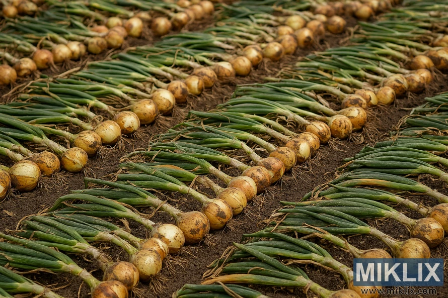Pemandangan hamparan bawang bombay yang baru dipanen dengan pucuk hijaunya yang disusun berderet untuk dikeringkan.