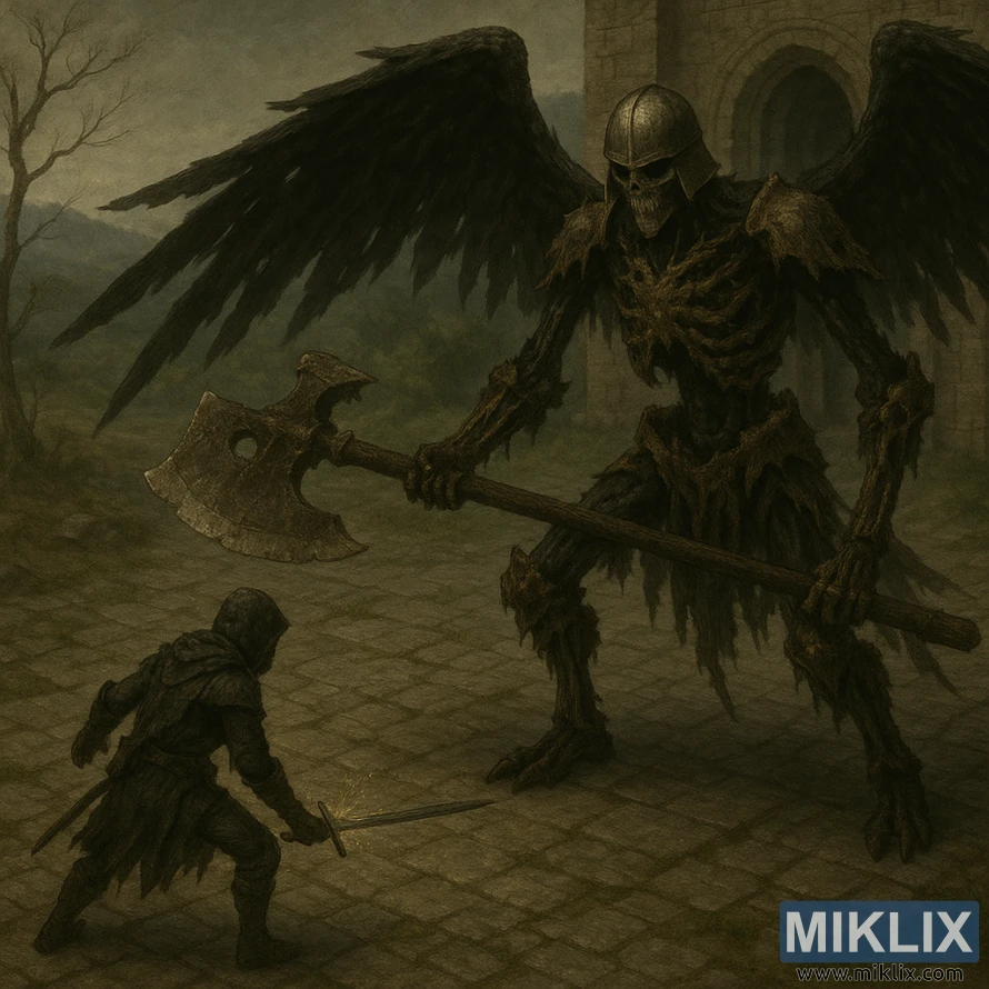 Realistic dark fantasy scene of a Tarnished facing a towering skeletal Black Blade Kindred with tattered armor outside the Bestial Sanctum.