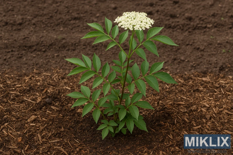 Молодое растение бузины с зелеными листьями и белыми цветами, растущее на плодородной почве, покрытой коричневой мульчей. Молодое растение бузины с зелеными листьями и белыми цветами, растущее на плодородной почве, покрытой коричневой мульчей.