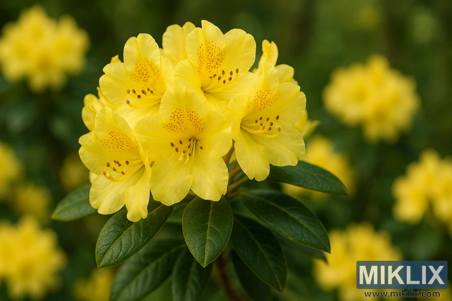 Close-up of Gold Prinz rhododendron with golden yellow blossoms and red freckles. Close-up of Gold Prinz rhododendron with golden yellow blossoms and red freckles.