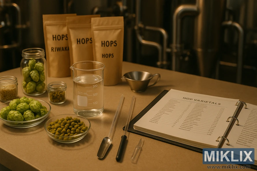 Təzə hop konusları, hop qranulları, inqrediyentlər bankaları, bir stəkan su, pipetlər və isti işıq altında hop sortlarının bağlayıcısı ilə səliqə ilə düzülmüş pivə zavodu sayğacı. Təzə hop konusları, hop qranulları, inqrediyentlər bankaları, bir stəkan su, pipetlər və isti işıq altında hop sortlarının bağlayıcısı ilə səliqə ilə düzülmüş pivə zavodu sayğacı.