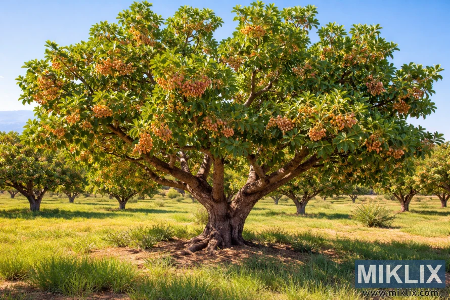 一棵枝繁葉茂的成熟開心果樹,樹冠寬闊,結滿了成熟的開心果,生長在陽光明媚的果園裡,周圍是成排的樹木和湛藍的天空。 一棵枝繁葉茂的成熟開心果樹,樹冠寬闊,結滿了成熟的開心果,生長在陽光明媚的果園裡,周圍是成排的樹木和湛藍的天空。
