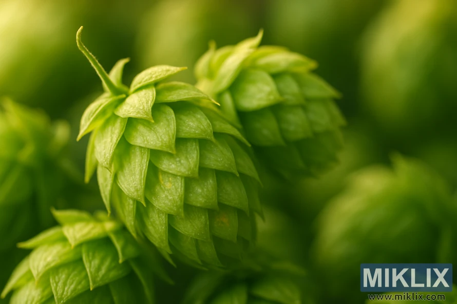 Nærbilde av friske Citra humlekegler med lysegrønn farge og lupulinkjertler i varmt lys.