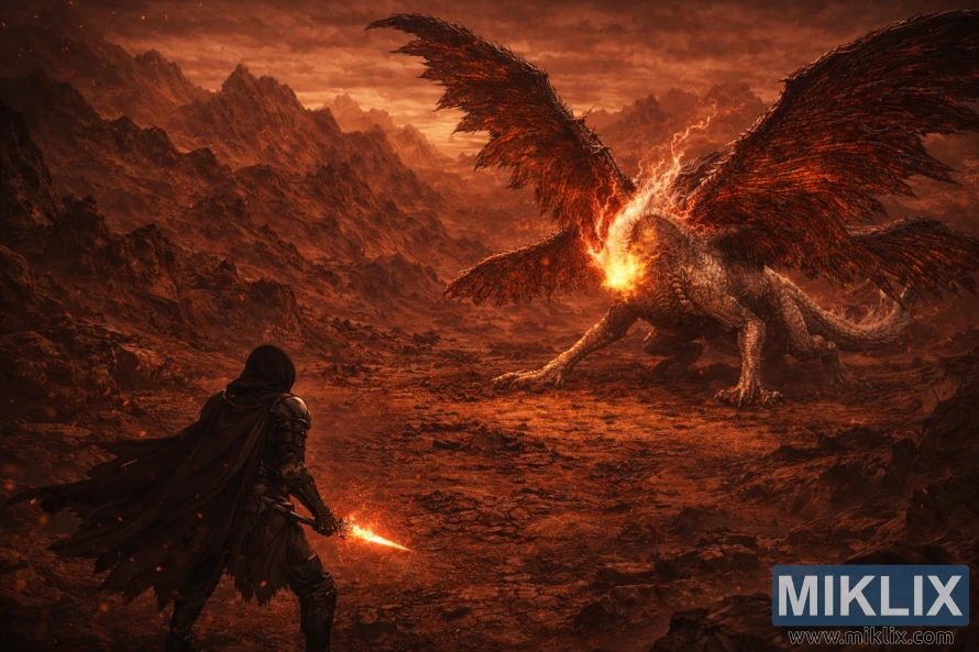 Isometric fantasy artwork showing the Tarnished from behind facing the colossal Ancient Dragon Senessax across a fiery, volcanic battlefield.