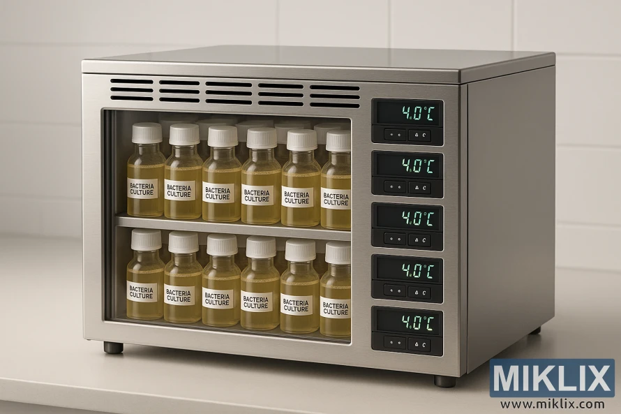Oppbevaringsenhet i rustfritt stål til laboratoriet med glassdør som oppbevarer merkede bakteriekulturampuller ved 4 °C.
