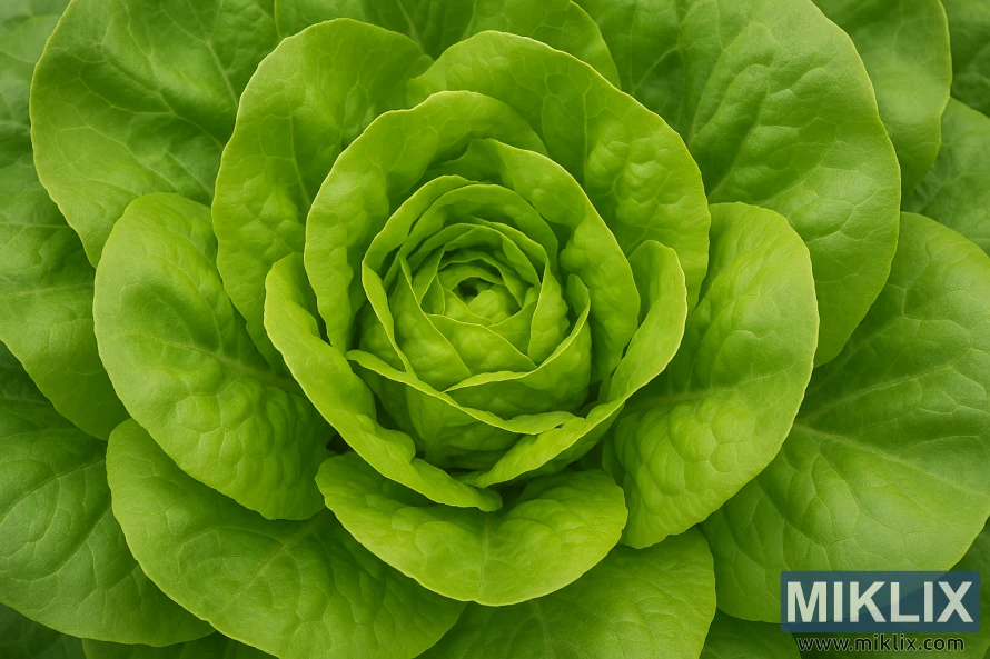 Close-up of butterhead lettuce with soft, green, overlapping leaves in a garden setting