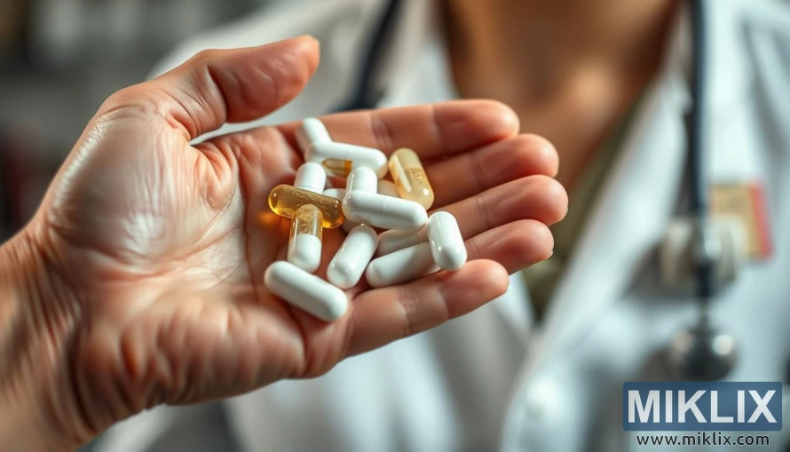Kamay na may hawak na chondroitin supplement na may malabong medikal na background at malambot na ilaw.