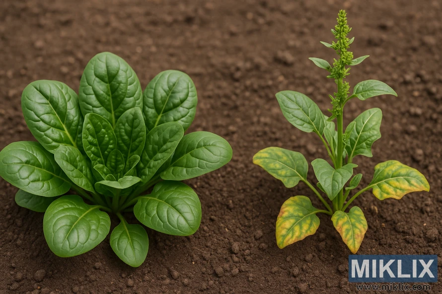 Наглядное сравнение здорового растения шпината с темно-зелеными листьями и другого растения, демонстрирующего стрелкование и дефицит питательных веществ, с желтыми листьями и высоким цветоносом. Наглядное сравнение здорового растения шпината с темно-зелеными листьями и другого растения, демонстрирующего стрелкование и дефицит питательных веществ, с желтыми листьями и высоким цветоносом.