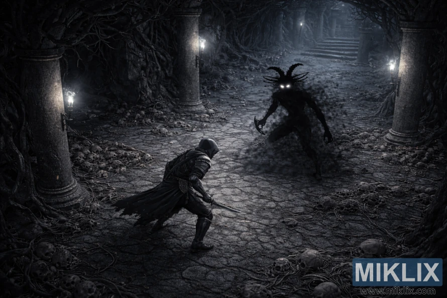 Isometric dark fantasy view of the Tarnished confronting the Cemetery Shade amid skulls and pillars in the Caelid Catacombs.