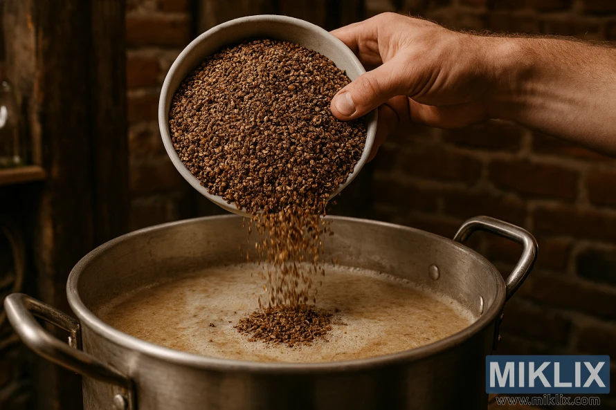 Zdrobljeni prženi ječam ulijeva se u lonac za gnječenje od nehrđajućeg čelika u rustikalnoj kućnoj pivovari.