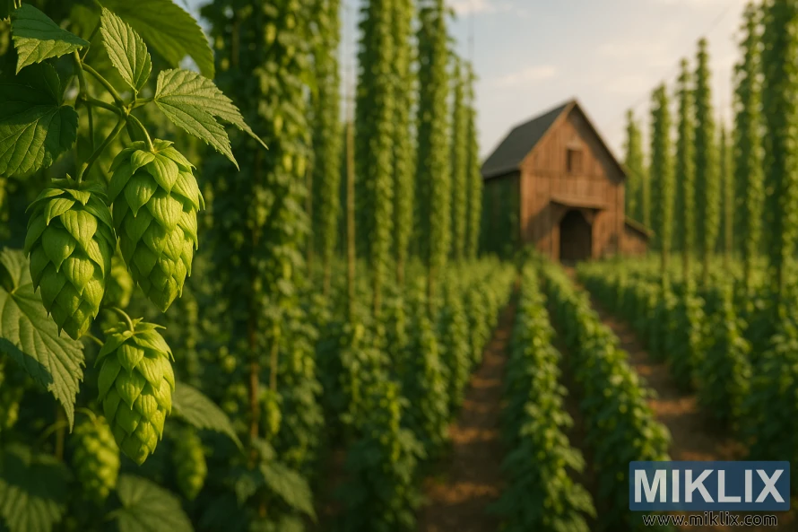 Saaz humlekjegler i et solrikt felt med espalierer og rustikk låve i bakgrunnen.