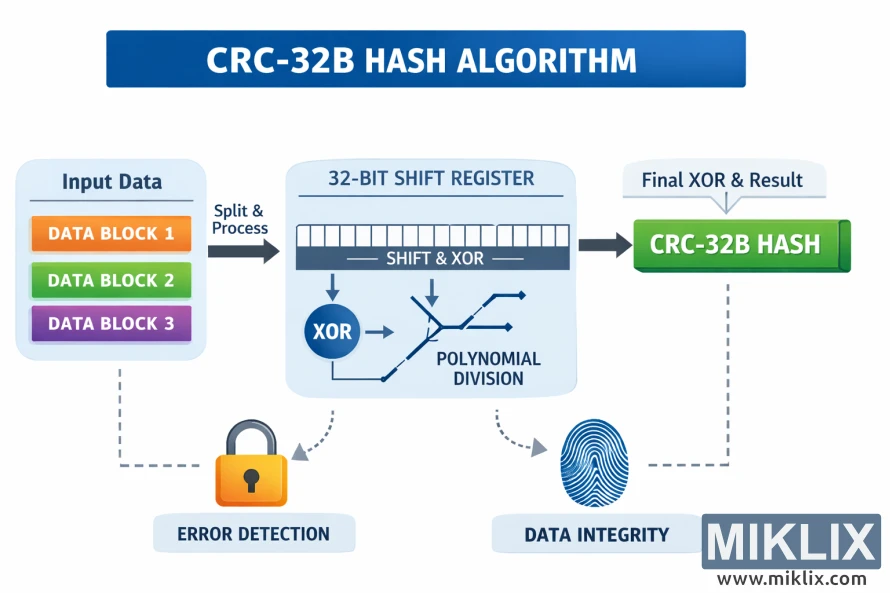 Infographic showing how input data blocks flow through a 32-bit shift register with XOR operations to produce a CRC-32B hash, with icons for error detection and data integrity.
