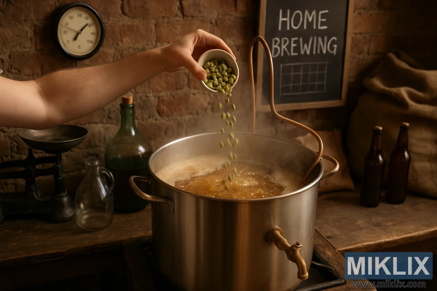 A homebrewer's hand adds green hops into a steaming pot of boiling wort in a rustic British-style brewing room.