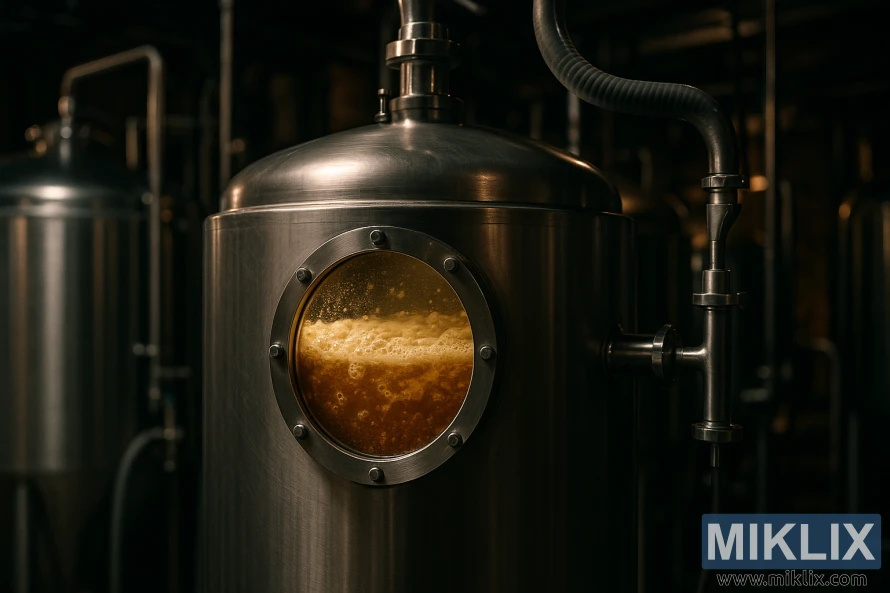 Stainless steel fermenter with a glass window showing actively fermenting English ale in a dim brewery.