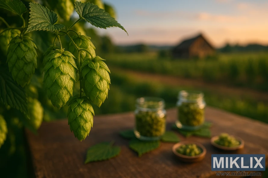 Posnetek svežih storžev hmelja iz Lubelske z rustikalno mizo in zamegljenim hmeljarjem v ozadju.