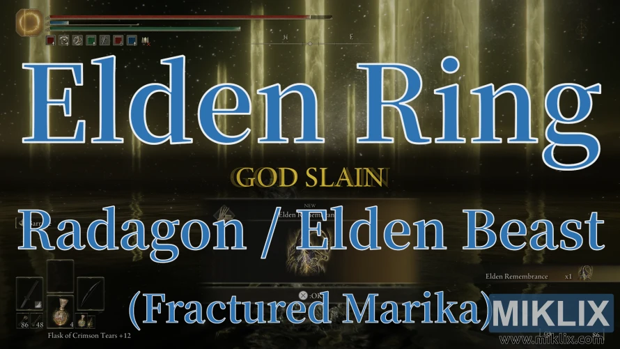 Elden Ring screenshot showing victory over Radagon and the Elden Beast in Fractured Marika with “God Slain” text and golden divine light. Elden Ring screenshot showing victory over Radagon and the Elden Beast in Fractured Marika with “God Slain” text and golden divine light.