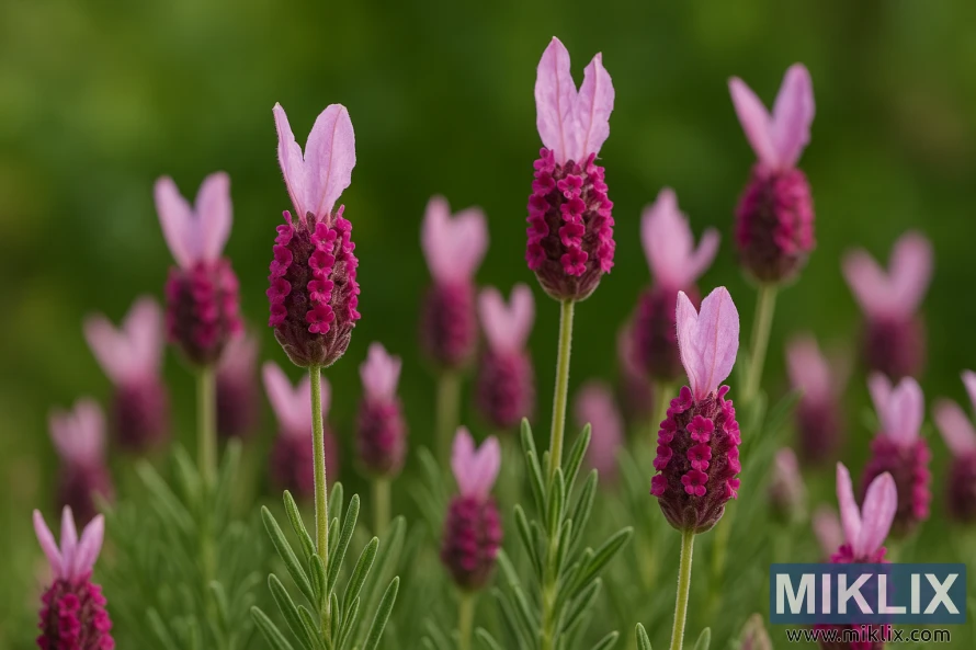 Detaljeret nærbillede af Kew Rød lavendel med dyb lyserød-lilla blomsteraks og fine lyserøde højblade i en solbeskinnet have. Detaljeret nærbillede af Kew Rød lavendel med dyb lyserød-lilla blomsteraks og fine lyserøde højblade i en solbeskinnet have.