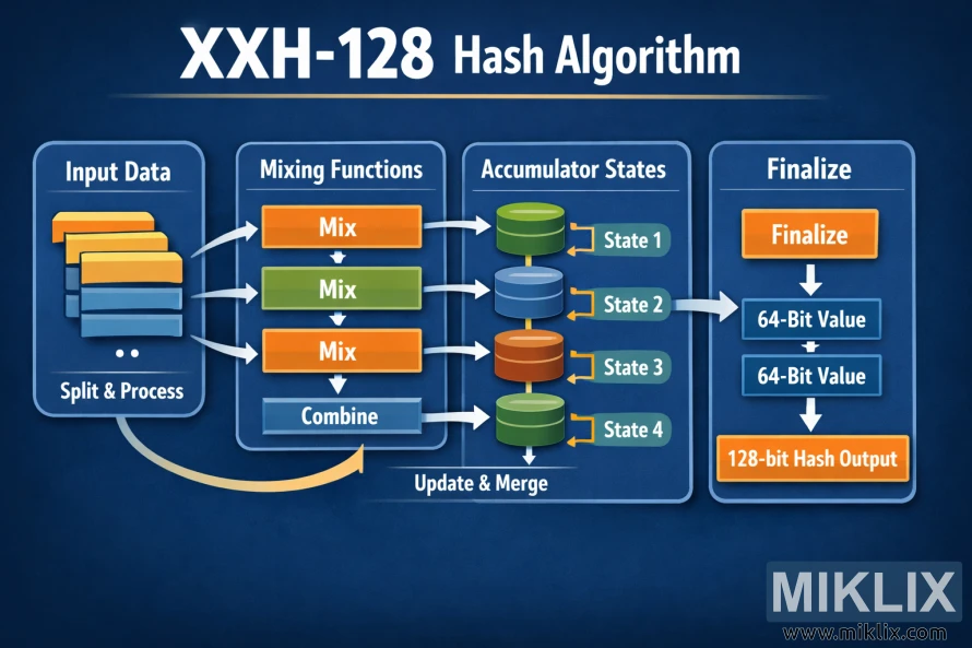 Landscape infographic showing the XXH-128 hash algorithm flow from input data through mixing and accumulator states to a final 128-bit output.