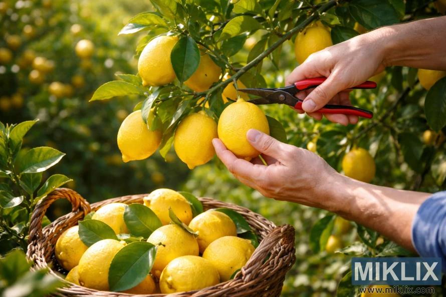 Đôi tay đang dùng kéo cắt tỉa những quả chanh vàng chín mọng từ trên cây, phía dưới là một giỏ mây đựng đầy những quả chanh vừa hái.