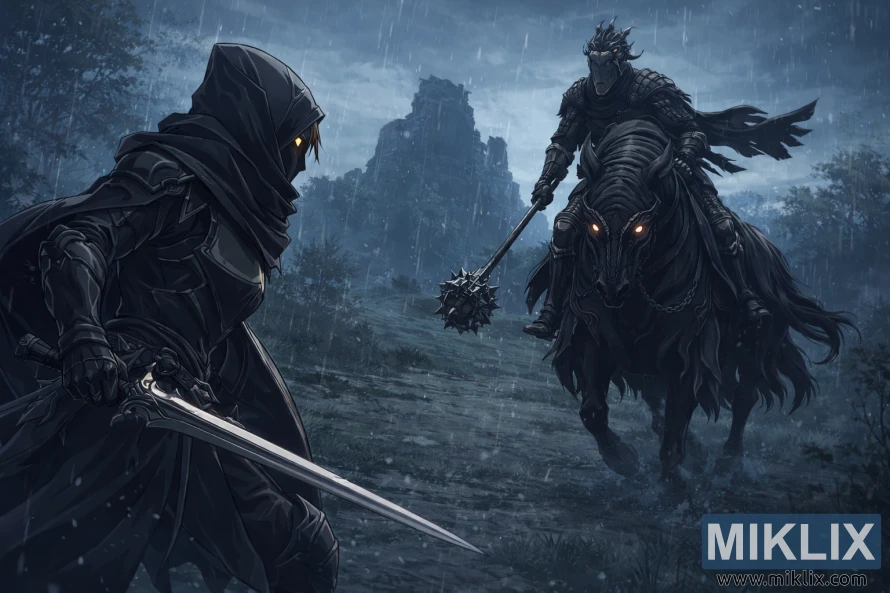 Anime style fan art of the Tarnished in Black Knife armor facing the Night’s Cavalry boss on a dark rainy battlefield in Elden Ring just before combat begins.