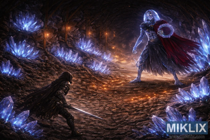 Arte isométrica em estilo de fantasia sombria, representando Elden Ring, mostrando o Tarnished com uma espada encarando um imponente chefe Crystaliano dentro do Túnel de Cristal Raya Lucaria, repleto de cristais.