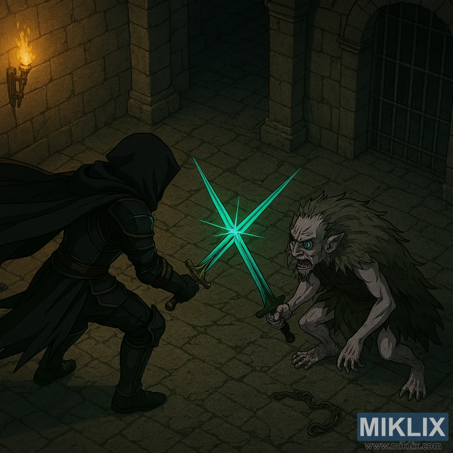 Anime-style fan art showing the Tarnished fighting Demi-Human Swordmaster Onze in Belurat Gaol from an elevated isometric perspective Anime-style fan art showing the Tarnished fighting Demi-Human Swordmaster Onze in Belurat Gaol from an elevated isometric perspective