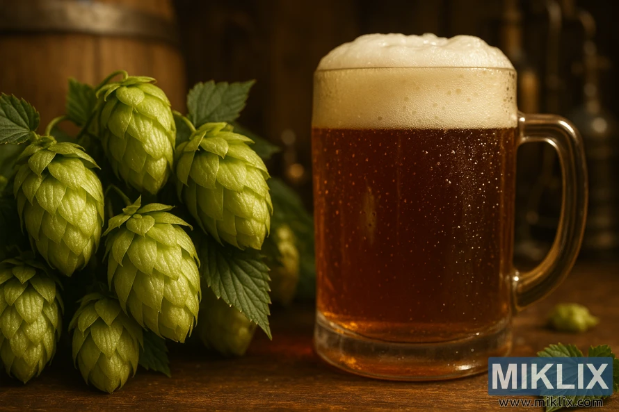 Közeli kép halványzöld Serebrianka komlóról egy habos borostyánszínű sör mellett, a háttérben egy fahordóval és sörfőző eszközökkel. Közeli kép halványzöld Serebrianka komlóról egy habos borostyánszínű sör mellett, a háttérben egy fahordóval és sörfőző eszközökkel.