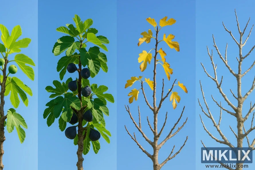 A fig tree displayed across four panels showing seasonal changes: spring buds, summer fruit, autumn leaves, and winter branches against blue skies. A fig tree displayed across four panels showing seasonal changes: spring buds, summer fruit, autumn leaves, and winter branches against blue skies.