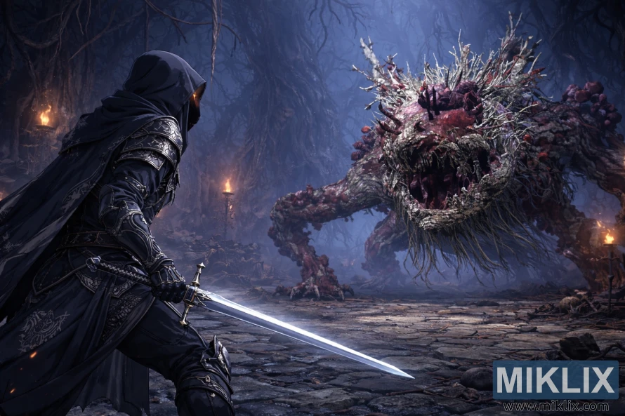 एनीमे-स्टाइल फैन आर्ट में बाईं ओर टार्निश्ड को दिखाया गया है, जिसे पीछे से देखा जा सकता है और लड़ाई से ठीक पहले फ्रिंजफोक हीरो की कब्र में अल्सरेटेड ट्री स्पिरिट का सामना करते हुए तलवार चलाते हुए देखा जा सकता है।