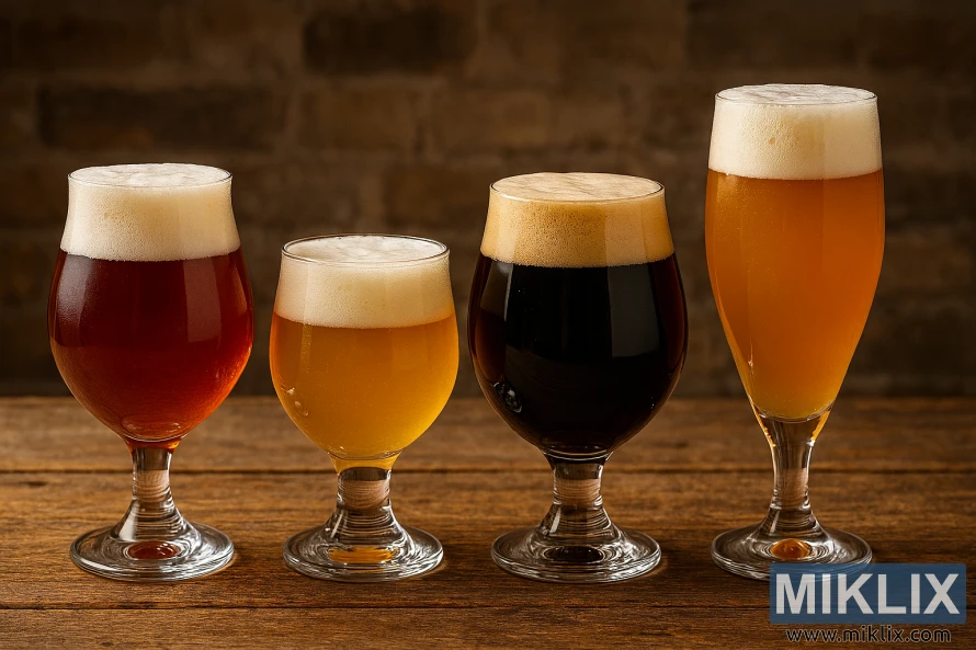 Four Belgian ales in distinct glasses on a rustic wooden table with a brick wall background