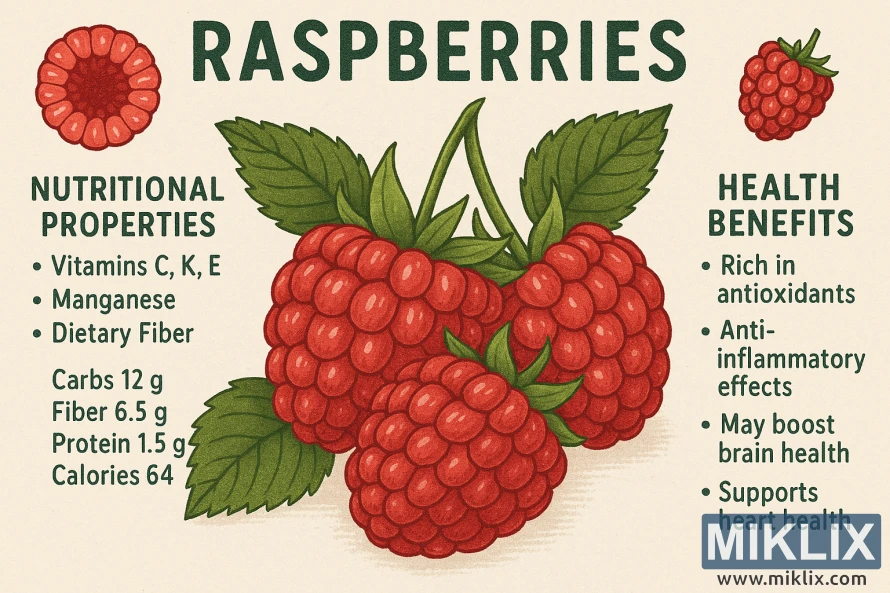 வெள்ளை நிற பின்னணியில், புதிய ராஸ்பெர்ரிகளின் ஊட்டச்சத்து பண்புகள் மற்றும் முக்கிய சுகாதார நன்மைகளைக் காட்டும் நிலப்பரப்பு கல்வி விளக்கம்.
