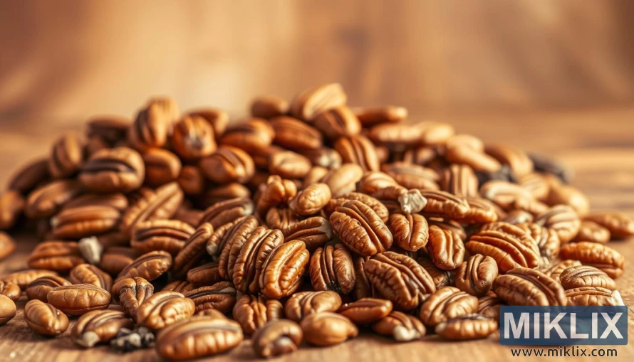 Utställning av pekannötter i hela, halverade, rostade och råa former under varm, mjuk belysning med en jordig bakgrund. Utställning av pekannötter i hela, halverade, rostade och råa former under varm, mjuk belysning med en jordig bakgrund.