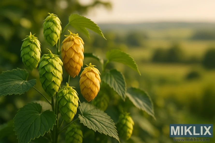 ఆకుపచ్చ మరియు బంగారు రంగులో ఆకులు మరియు వెచ్చని సహజ కాంతిలో అస్పష్టమైన గ్రామీణ నేపథ్యంతో సస్సెక్స్ హాప్ కోన్ల క్లోజప్. ఆకుపచ్చ మరియు బంగారు రంగులో ఆకులు మరియు వెచ్చని సహజ కాంతిలో అస్పష్టమైన గ్రామీణ నేపథ్యంతో సస్సెక్స్ హాప్ కోన్ల క్లోజప్.