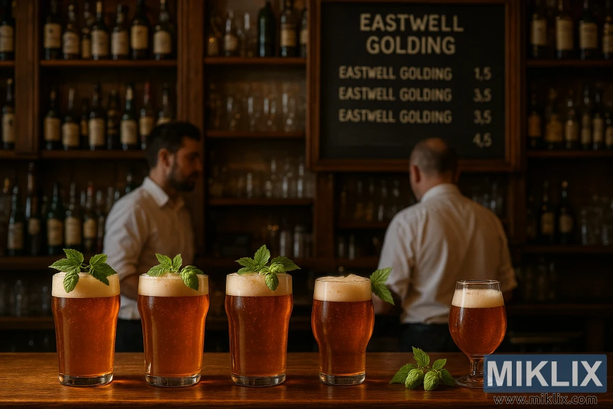 Eastwell Goldingi humalaga kaunistatud merevaigukollased õlleklaasid puidust pubiletil, taustal baarmenid ja kriiditahvlile kirjutatud menüü. Eastwell Goldingi humalaga kaunistatud merevaigukollased õlleklaasid puidust pubiletil, taustal baarmenid ja kriiditahvlile kirjutatud menüü.