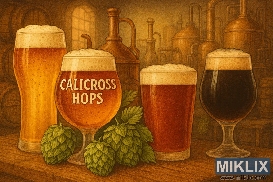 Four beer glasses showcasing Calicross hops in a warm, rustic brewery setting