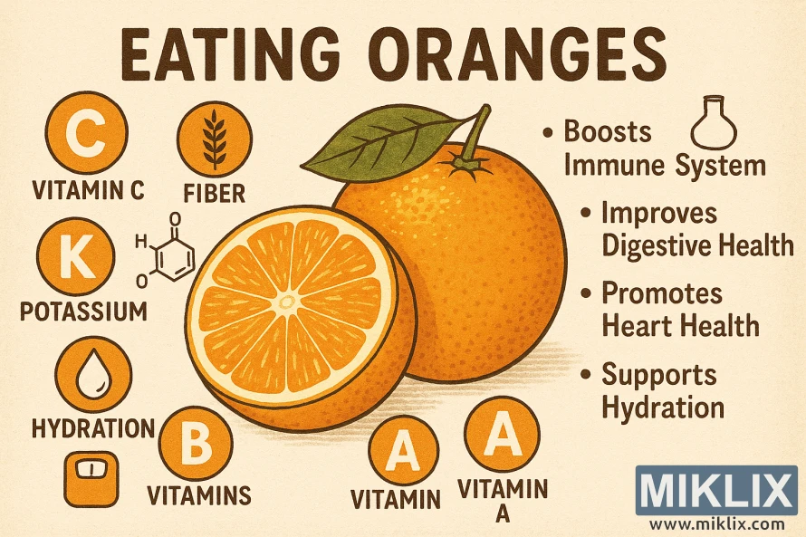 Infografika koja prikazuje nutritivna svojstva i zdravstvene prednosti naranči