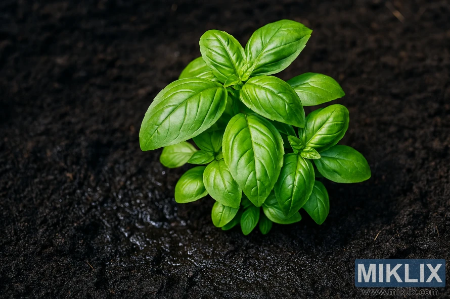 Närbild av en livfull basilikaplanta som växer i mörk, fuktig jord Närbild av en livfull basilikaplanta som växer i mörk, fuktig jord
