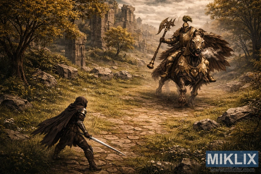 Scena fantasy semirealistica da una vista isometrica dall'alto che mostra un guerriero incappucciato con una spada che affronta un imponente cavaliere dorato a cavallo in un paesaggio in rovina illuminato dal sole.