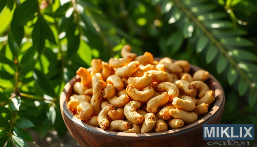 Roasted cashews in a rustic wooden bowl with natural light filtering through lush green foliage in the background. Roasted cashews in a rustic wooden bowl with natural light filtering through lush green foliage in the background.