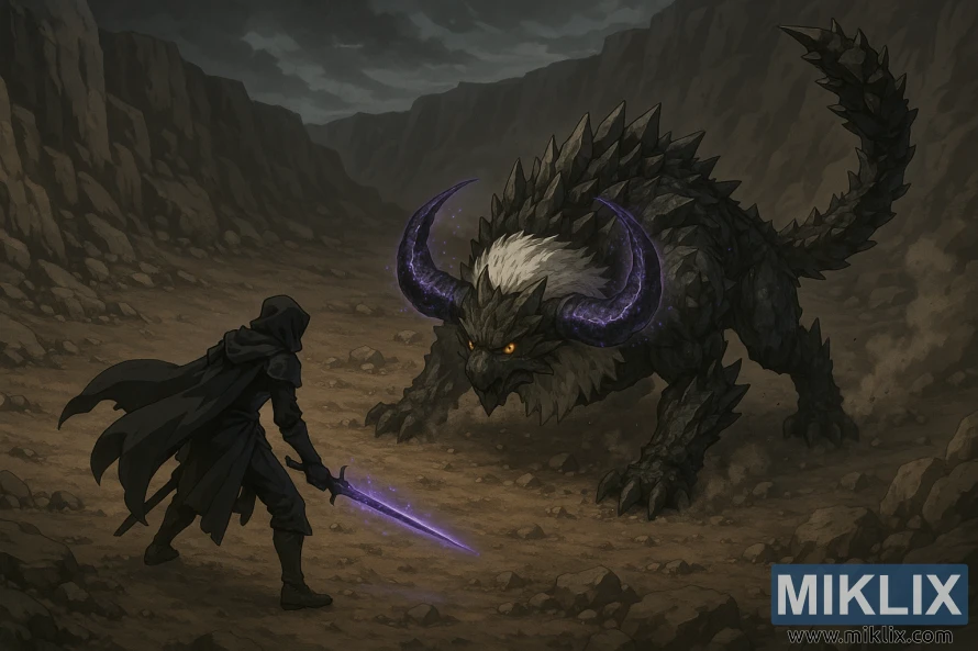 आइसोमेट्रिक एनिमे-शैलीको फ्यान आर्टले साउथ अल्टस प्लेटो क्रेटरमा विशाल फलिङस्टार जनावरको सामना गरिरहेको कालो चक्कुको कवचमा टार्निश्ड देखाउँछ।