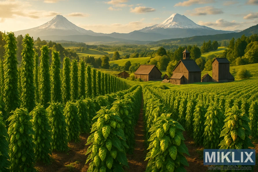 Ոսկեգույն արևի տակ՝ գարեջրի ագարակների շարքեր՝ գեղջուկ ախոռներով և ձյունածածկ Կասկադ լեռներով։ Ոսկեգույն արևի տակ՝ գարեջրի ագարակների շարքեր՝ գեղջուկ ախոռներով և ձյունածածկ Կասկադ լեռներով։