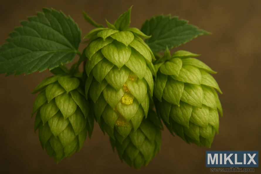 Svaigu Equinox apiņu rogas makro ar zeltainu lupulīnu un zaļām seglapām. Svaigu Equinox apiņu rogas makro ar zeltainu lupulīnu un zaļām seglapām.