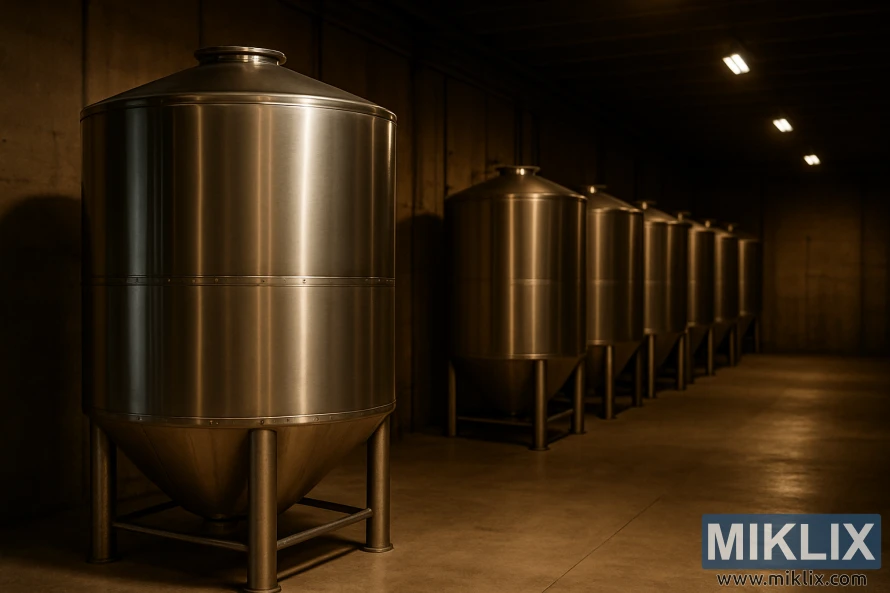 Grandi silos in acciaio inossidabile allineati in un deposito scarsamente illuminato, le cui superfici lucide brillano sotto la calda luce proveniente dall'alto. Grandi silos in acciaio inossidabile allineati in un deposito scarsamente illuminato, le cui superfici lucide brillano sotto la calda luce proveniente dall'alto.