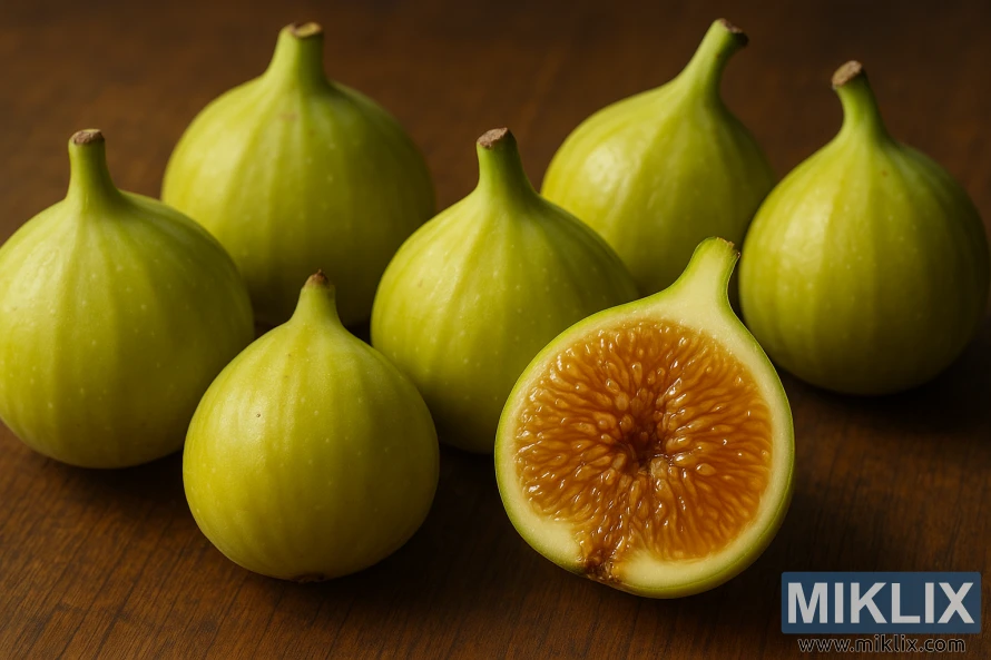 Close-up of ripe Kadota figs with yellowish-green skin and amber interiors on a wooden surface. Close-up of ripe Kadota figs with yellowish-green skin and amber interiors on a wooden surface.