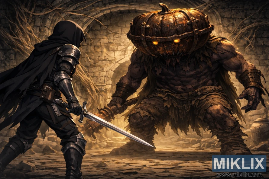 Anime style fan art of a Tarnished in Black Knife armor holding a sword and facing an enormous Mad Pumpkin Head boss inside ancient stone ruins before battle.