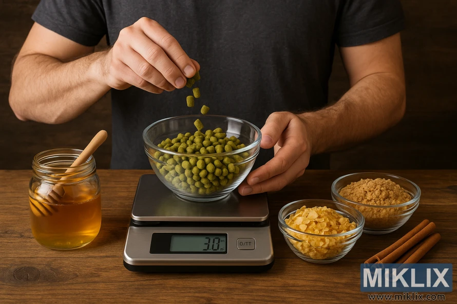 홈브루어가 꿀, 설탕, 옥수수, 계피를 옆에 두고 디지털 저울로 홉의 무게를 측정하고 있습니다.