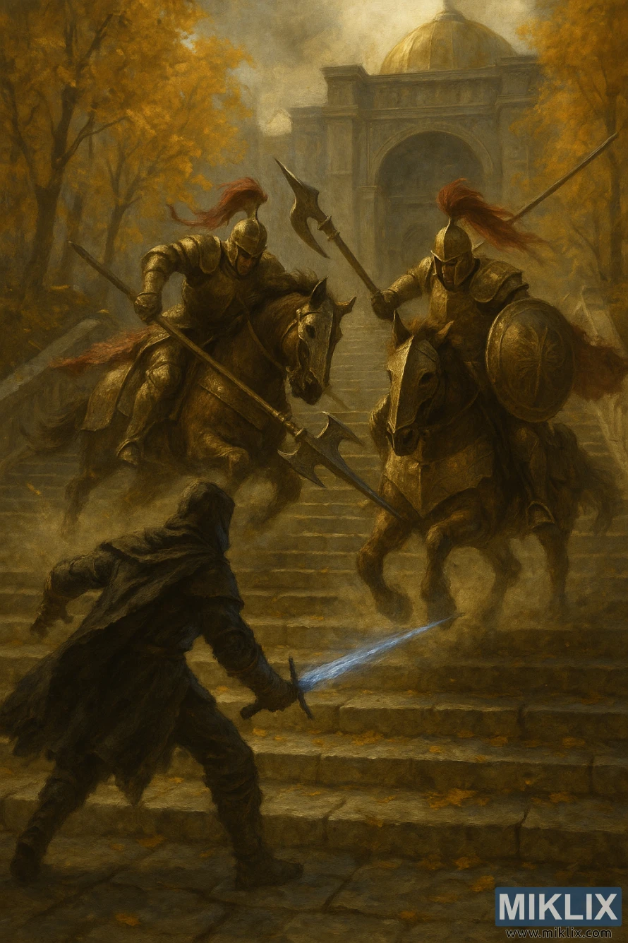 Dark, realistic painting of the Tarnished fighting two halberd-wielding Tree Sentinels on horseback on Leyndell’s stone steps in Elden Ring. Dark, realistic painting of the Tarnished fighting two halberd-wielding Tree Sentinels on horseback on Leyndell’s stone steps in Elden Ring.