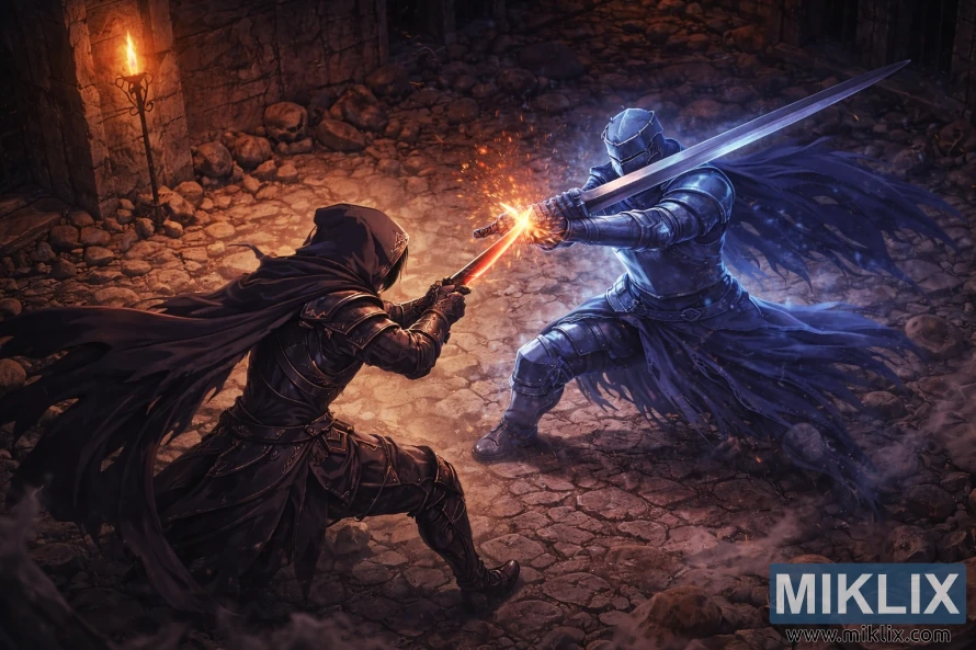 टर्चलाइट कालकोठरीमा नीलो वर्णक्रमीय नाइट अफ द सोलिटरी जेलसँग लडिरहेको कालो चाकू कवचमा टार्निश्डको आइसोमेट्रिक एनिमे-शैलीको फ्यान आर्ट, तिनीहरूको खंजर र दुई हात भएको तरवार उडिरहेको स्पार्कहरूसँग ठोक्किँदै।