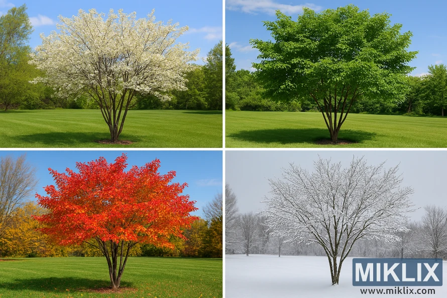 A Serviceberry tree shown in spring blossoms, summer foliage, autumn colors, and winter snow, arranged in a four-season grid. A Serviceberry tree shown in spring blossoms, summer foliage, autumn colors, and winter snow, arranged in a four-season grid.