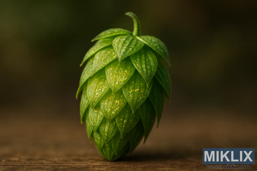 Macro harbi na Furano Ace hop mazugi tare da ganuwa lupulin gland.